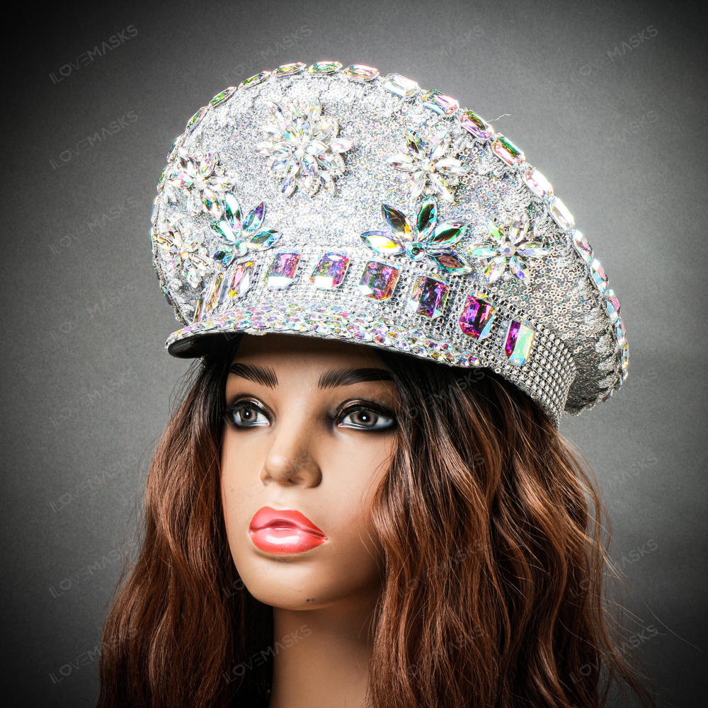 Steampunk Burning Man Rhinestones Captain Hat - Silver - Picture 3 of 8